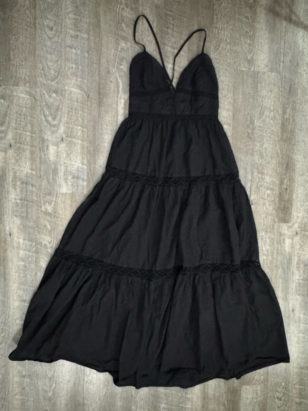 Black Tiered Lace Up Boho Cottagecore Maxi Dress M-L